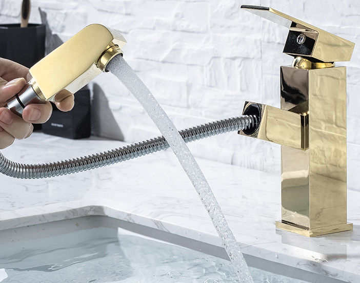 Brass 360°rotate Golden Pull Out Hotel Basin Faucet Tap